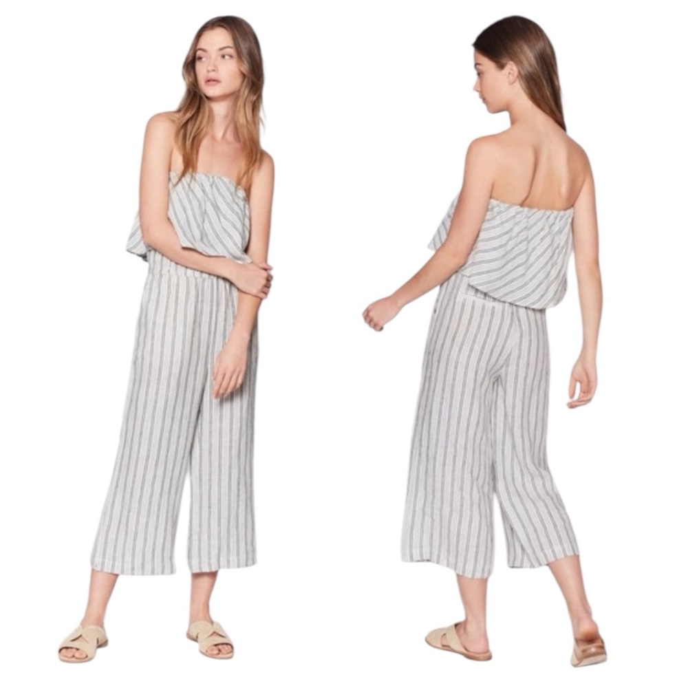 JOIE Brogan Linen Striped Strapless Wide Leg Jumpsuit in Green/Ivory Size Small - Picture 4 of 12